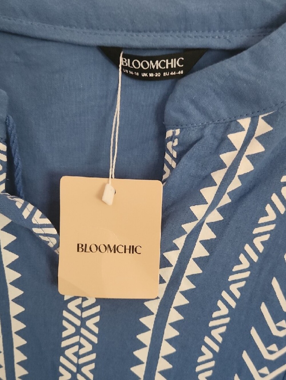 BloomChic Blue Dress with White Geometric Embroidery - Picture 2 of 4